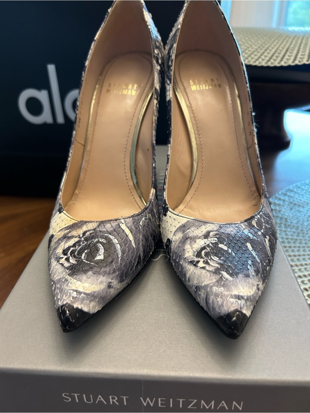 Stuart Weitzman Black and White Floral Textured Pointed-Toe Python Pumps